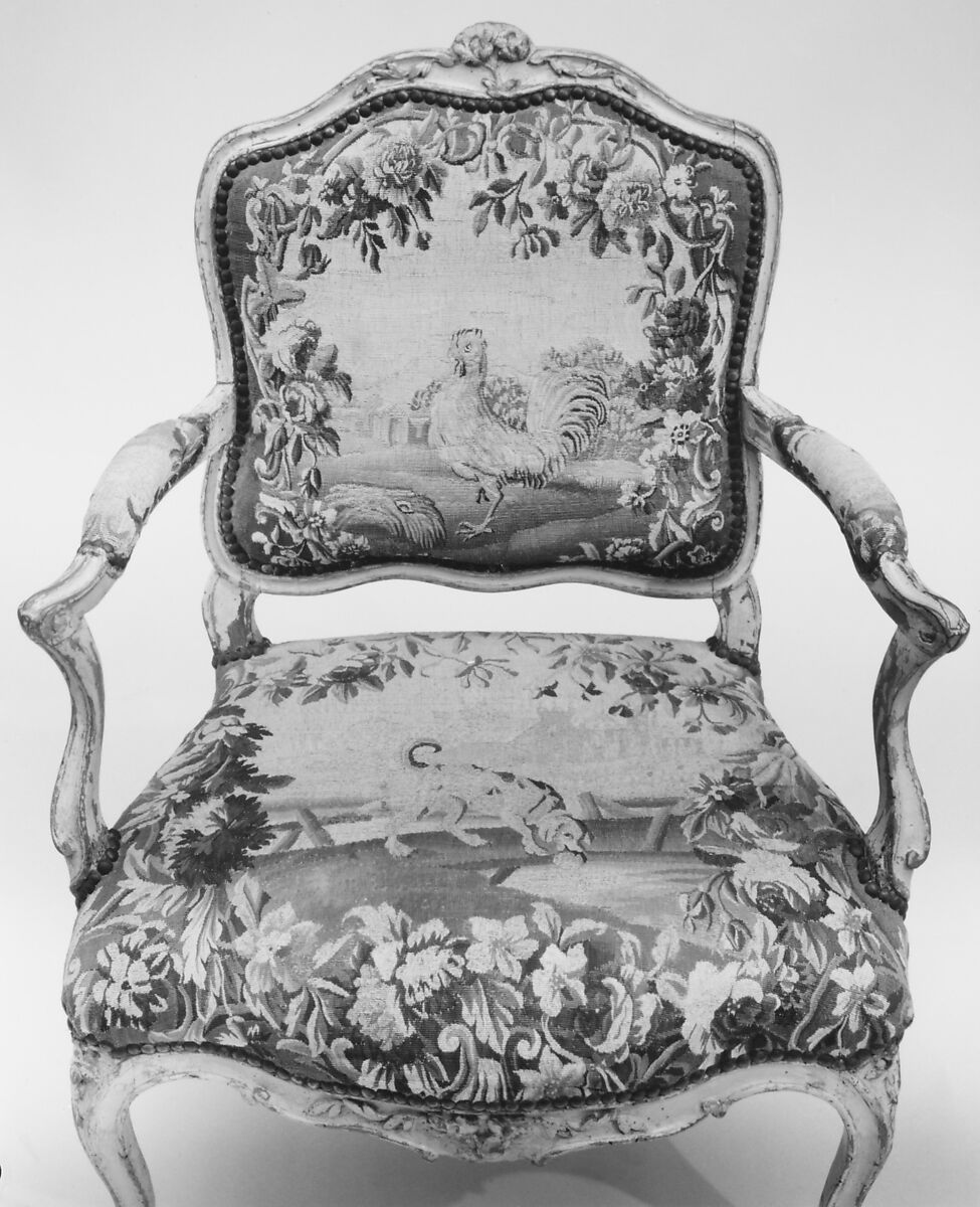Armchair (part of a set of nine), Tapestry woven at Aubusson (Manufacture Royale, est. 1665: Manufacture, ca. 1812–present day), Carved and painted walnut; Aubusson tapestry upholstery, French