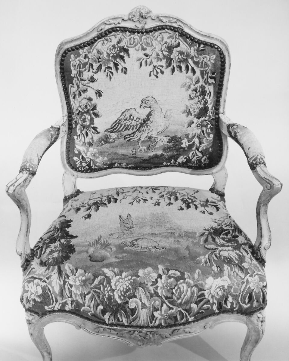 Armchair (part of a set of nine), Tapestry woven at Aubusson (Manufacture Royale, est. 1665: Manufacture, ca. 1812–present day), Carved and painted walnut; Aubusson tapestry upholstery, French