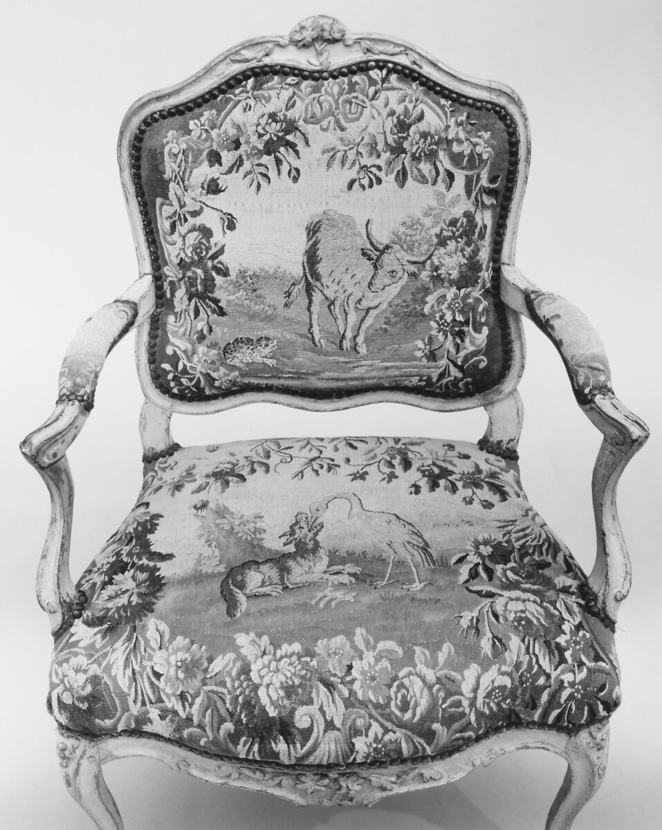 Armchair (part of a set of nine), Tapestry woven at Aubusson (Manufacture Royale, est. 1665: Manufacture, ca. 1812–present day), Carved and painted walnut; Aubusson tapestry upholstery, French