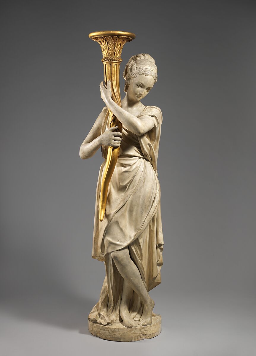 Torchère figure (one of a pair), Style of Augustin Pajou (French, Paris 1730–1809 Paris), Plaster, carved and gilded wood, French 
