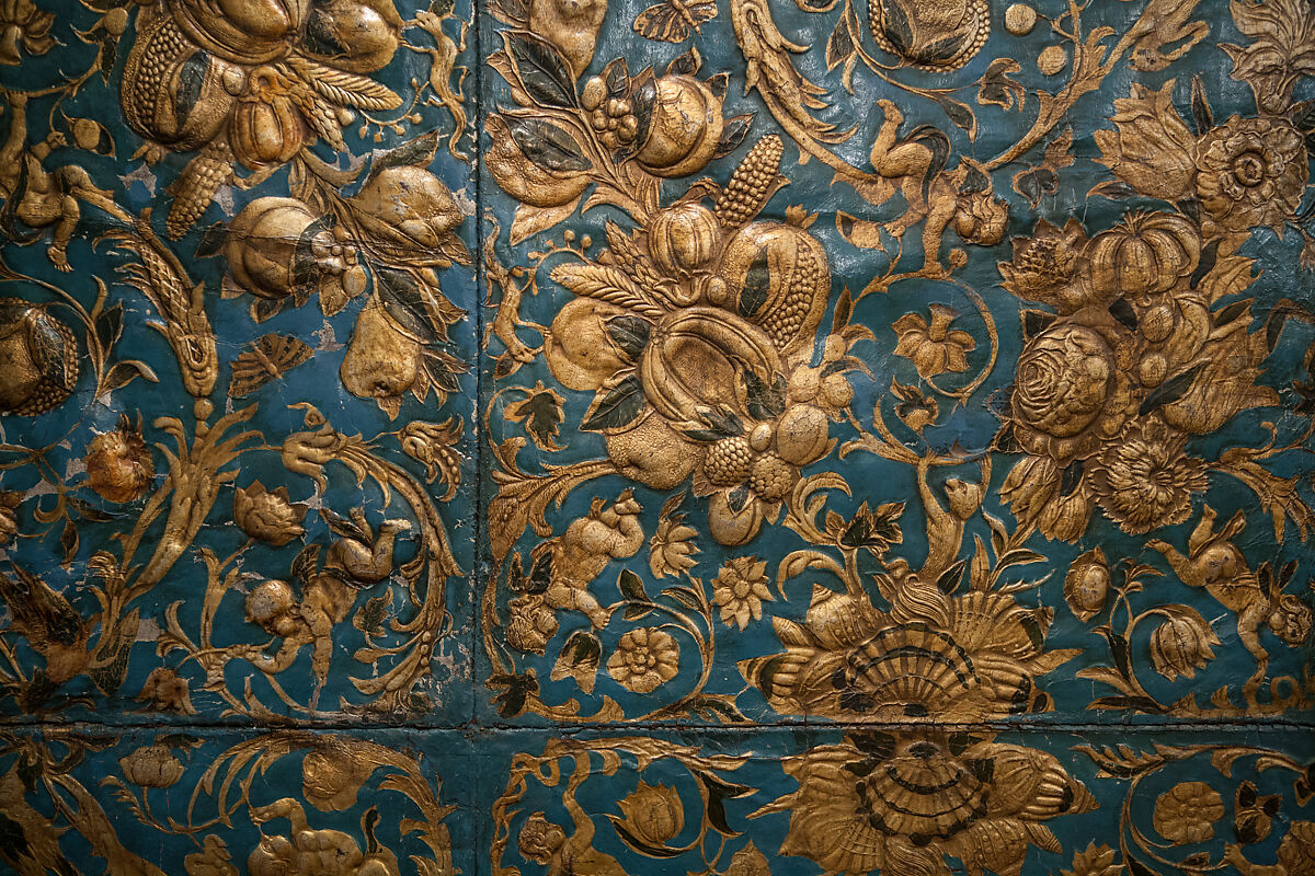 Gilt-leather wall hanging (part of a set), Possibly by De Gecroonde Son (Dutch), Leather, silvered, painted and varnished, Dutch, Amsterdam