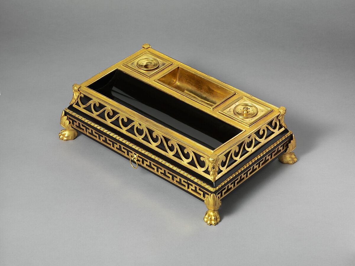 Inkstand, Attributed to Philippe Claude Montigny (French, Paris 1734–1780 Paris), Oak, veneered with ebony and mounted with gilt bronze, French, Paris 