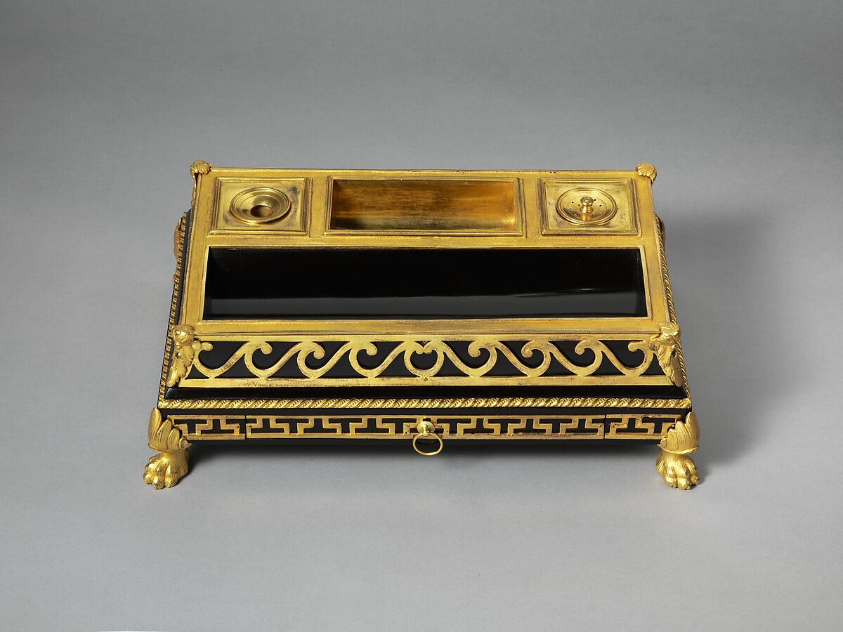 Inkstand, Attributed to Philippe Claude Montigny (French, Paris 1734–1780 Paris), Oak, veneered with ebony and mounted with gilt bronze, French, Paris