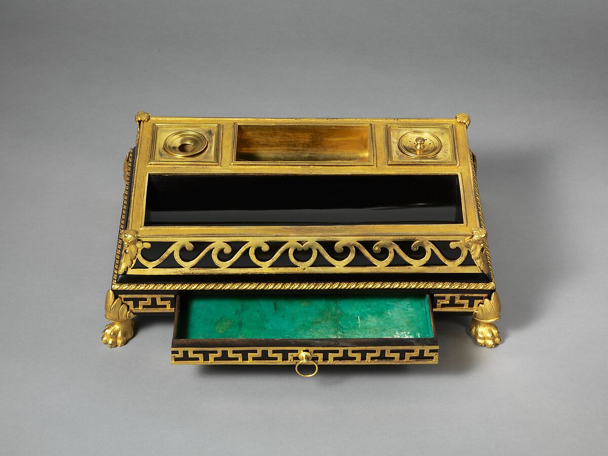 Inkstand, Attributed to Philippe Claude Montigny (French, Paris 1734–1780 Paris), Oak, veneered with ebony and mounted with gilt bronze, French, Paris