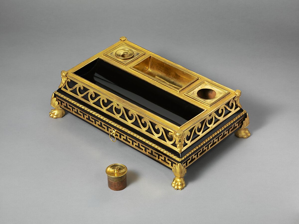 Inkstand, Attributed to Philippe Claude Montigny (French, Paris 1734–1780 Paris), Oak, veneered with ebony and mounted with gilt bronze, French, Paris