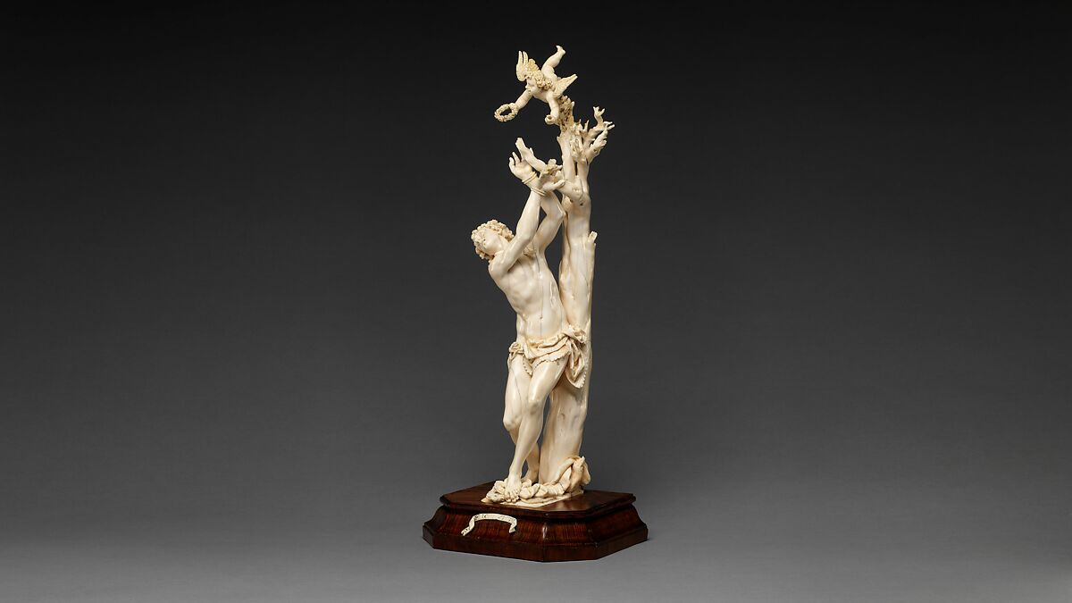 Saint Sebastian, Circle of Master of the Furies (Austrian), Ivory; kingwood socle, Austrian, possibly Salzburg