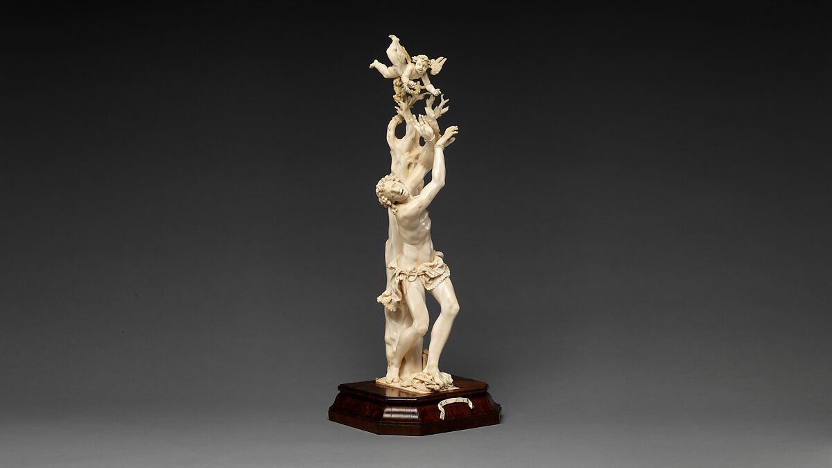 Saint Sebastian, Circle of Master of the Furies (Austrian), Ivory; kingwood socle, Austrian, possibly Salzburg