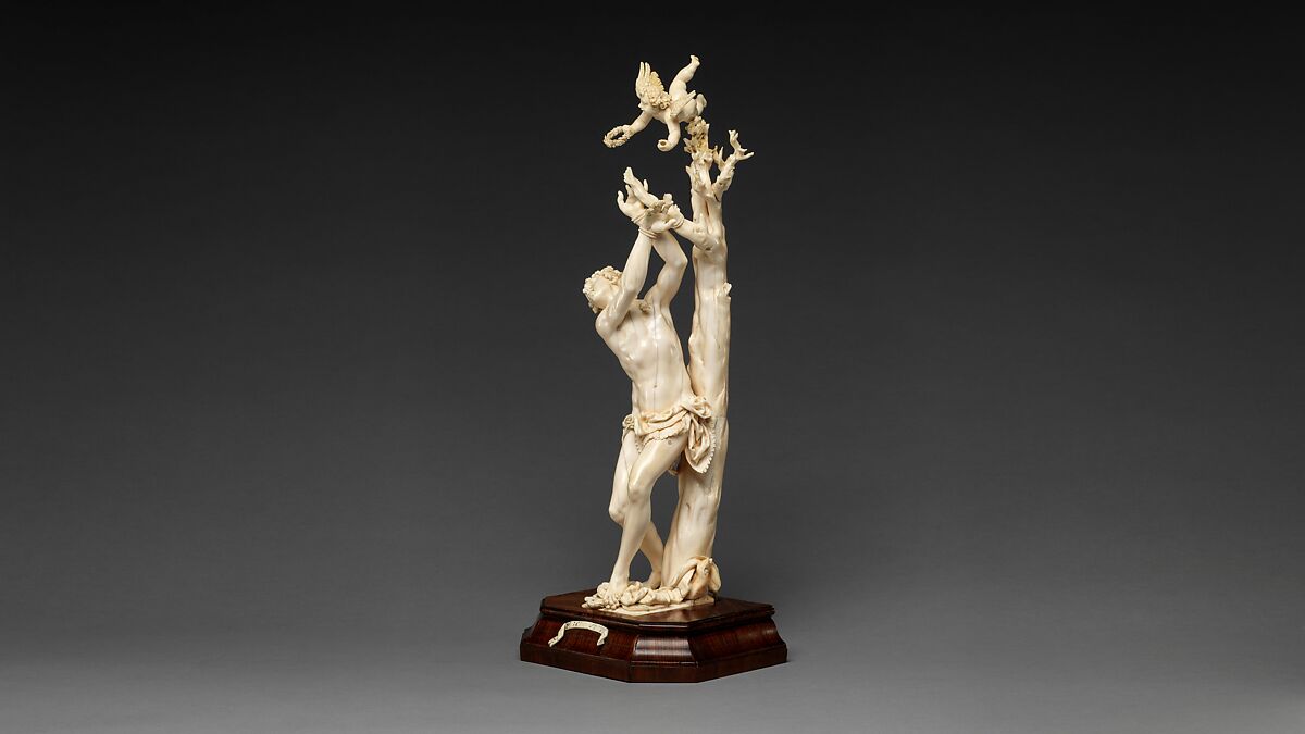 Saint Sebastian, Circle of Master of the Furies (Austrian), Ivory; kingwood socle, Austrian, possibly Salzburg