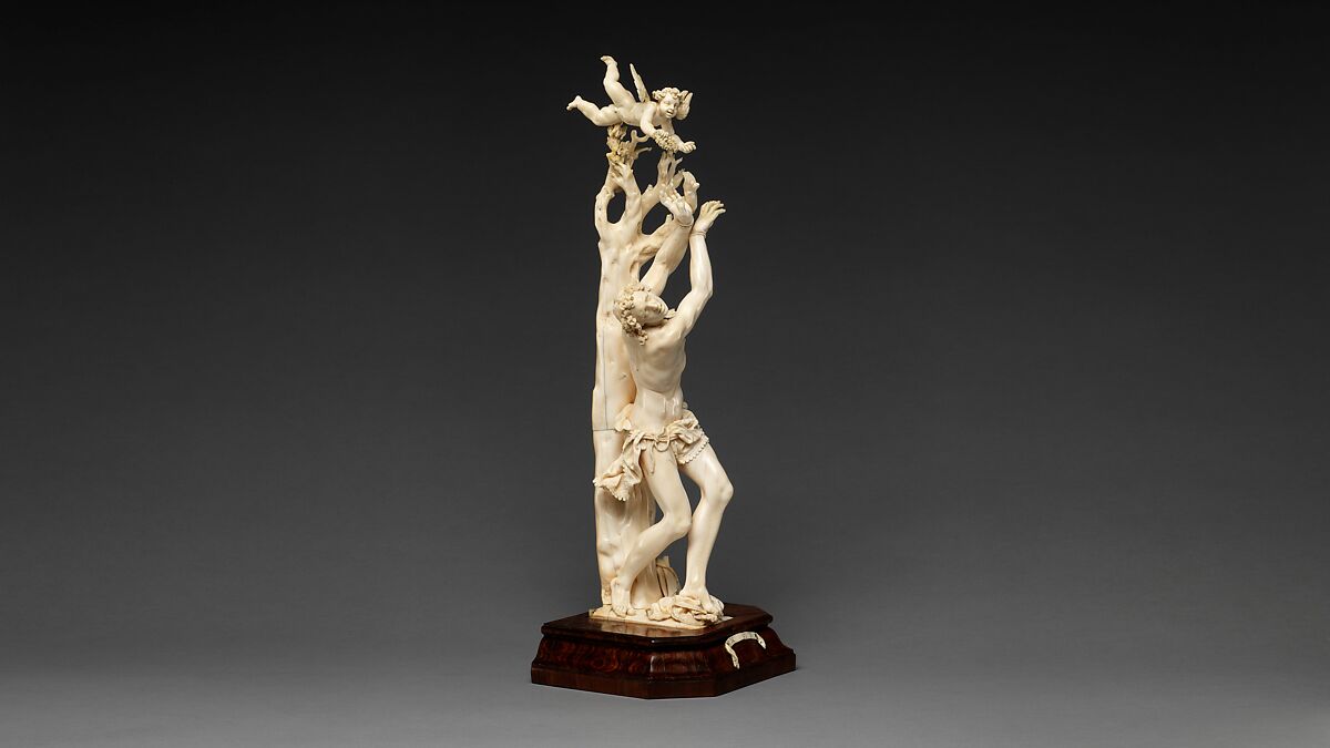 Saint Sebastian, Circle of Master of the Furies (Austrian), Ivory; kingwood socle, Austrian, possibly Salzburg