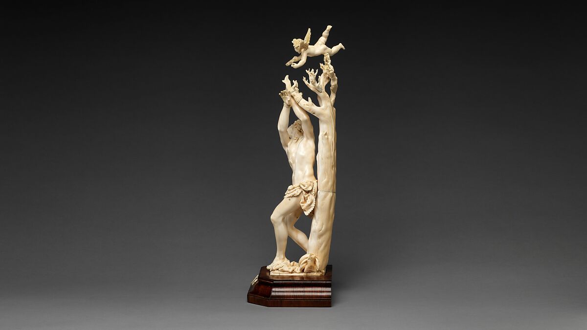 Saint Sebastian, Circle of Master of the Furies (Austrian), Ivory; kingwood socle, Austrian, possibly Salzburg