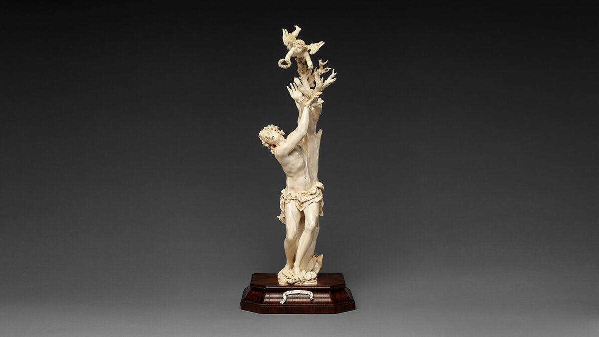 Saint Sebastian, Circle of Master of the Furies (Austrian), Ivory; kingwood socle, Austrian, possibly Salzburg