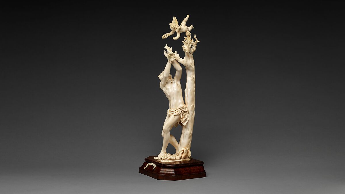 Saint Sebastian, Circle of Master of the Furies (Austrian), Ivory; kingwood socle, Austrian, possibly Salzburg