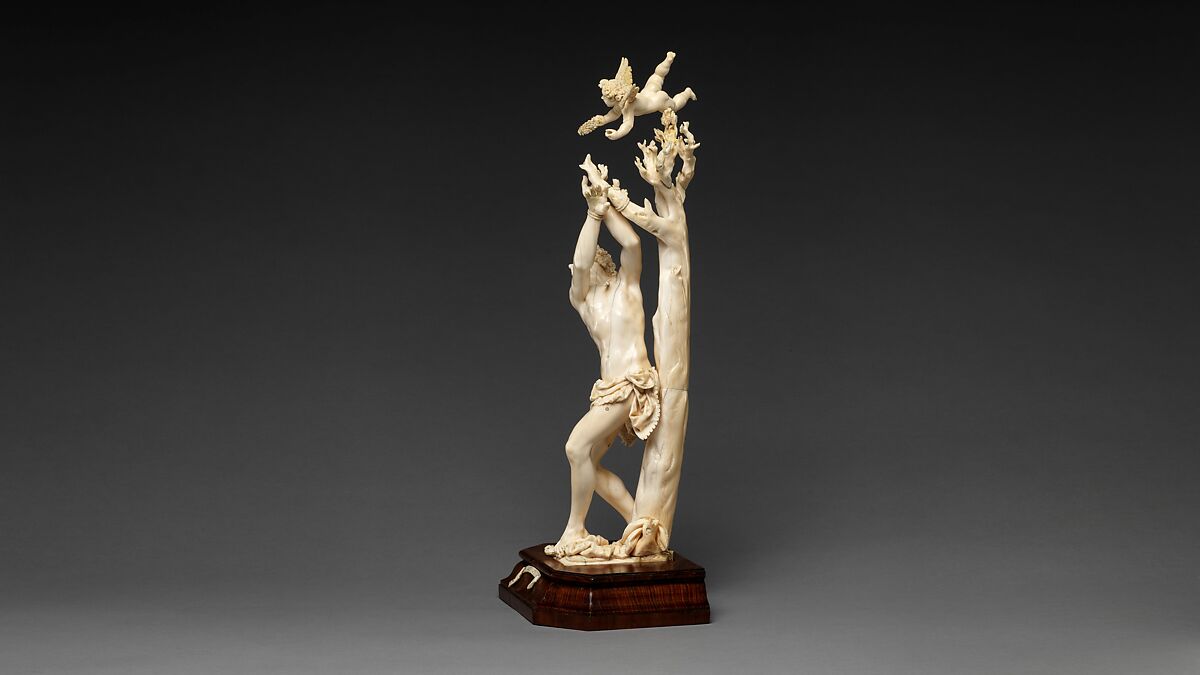 Saint Sebastian, Circle of Master of the Furies (Austrian), Ivory; kingwood socle, Austrian, possibly Salzburg