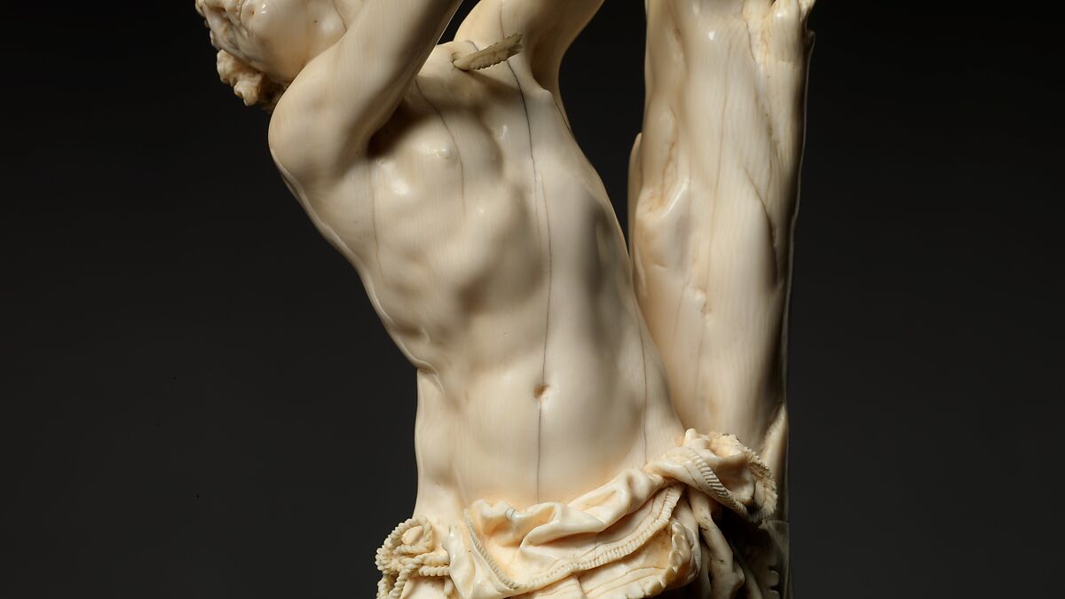 Saint Sebastian, Circle of Master of the Furies (Austrian), Ivory; kingwood socle, Austrian, possibly Salzburg