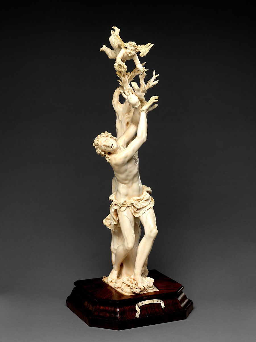 Saint Sebastian, Circle of Master of the Furies (Austrian), Ivory; kingwood socle, Austrian, possibly Salzburg