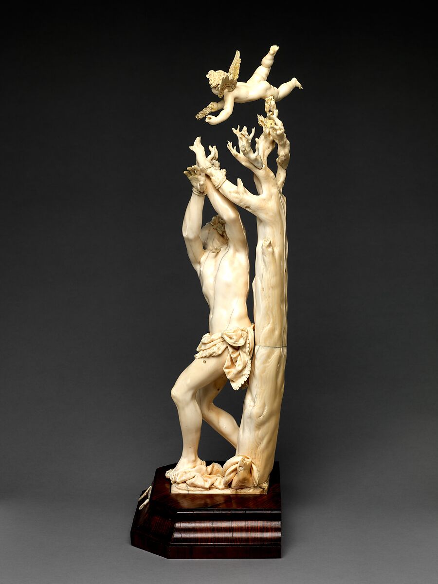 Saint Sebastian, Circle of Master of the Furies (Austrian), Ivory; kingwood socle, Austrian, possibly Salzburg