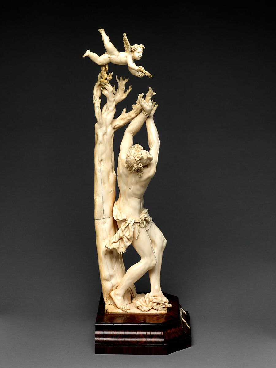 Saint Sebastian, Circle of Master of the Furies (Austrian), Ivory; kingwood socle, Austrian, possibly Salzburg