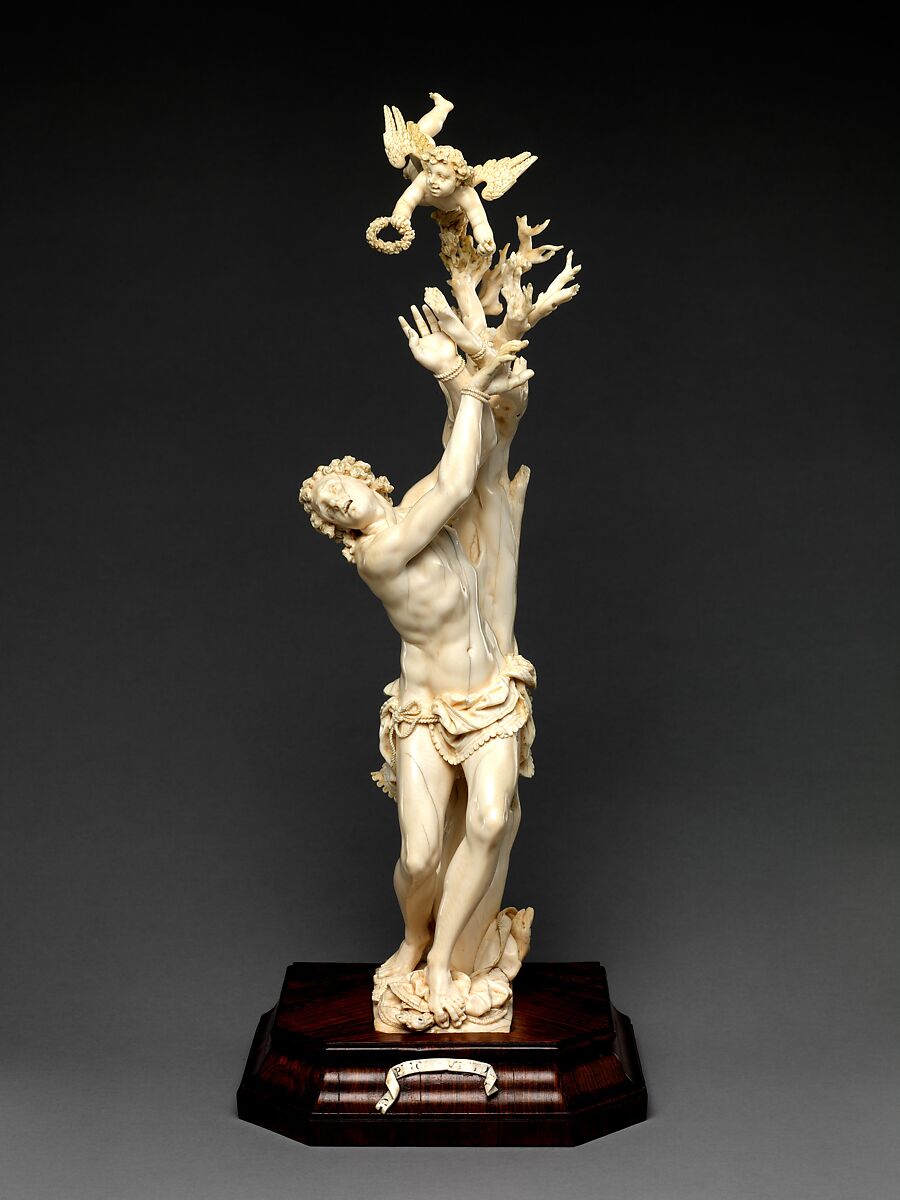 Saint Sebastian, Circle of Master of the Furies (Austrian), Ivory; kingwood socle, Austrian, possibly Salzburg 