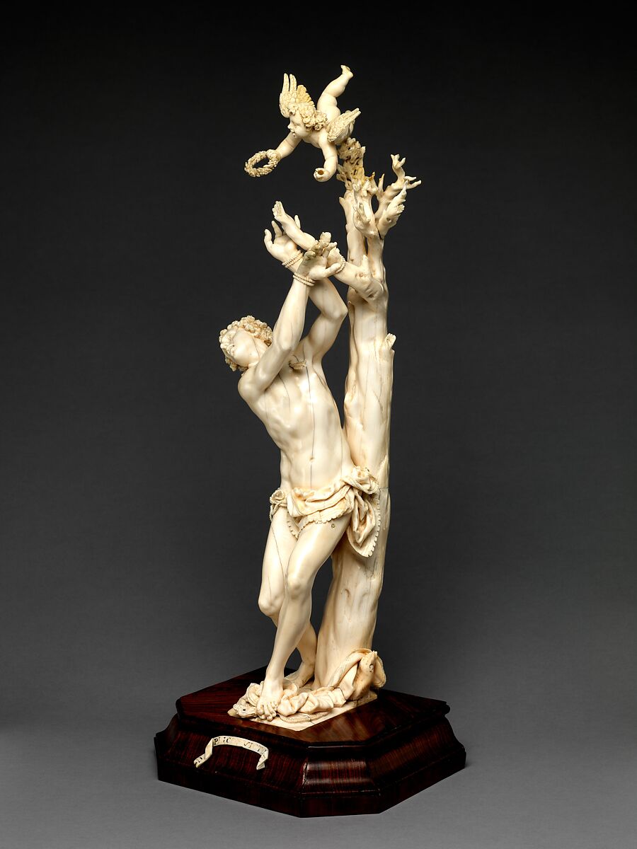 Saint Sebastian, Circle of Master of the Furies (Austrian), Ivory; kingwood socle, Austrian, possibly Salzburg