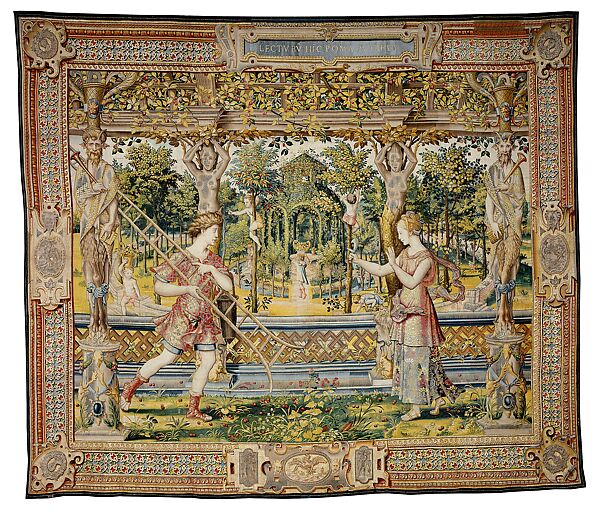 The Story of Vertumnus and Pomona: Vertumnus in the Guise of a Fruitpicker tapestry, Designed by Pieter Coecke van Aelst (Netherlandish, Aelst 1502–1550 Brussels), Wool, silk, and precious metal-wrapped threads, Netherlandish, Brussels 