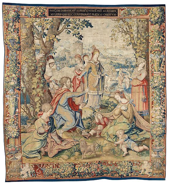 Story of Saint Paul: Preaching to the Women at Philippi tapestry, Designed by Pieter Coecke van Aelst (Netherlandish, Aelst 1502–1550 Brussels), Wool, silk, and gold and silver-metal-wraped threads, Netherlandish, Brussels 
