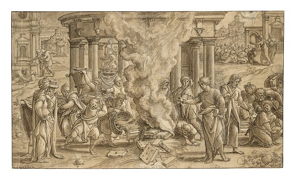 The Story of Saint Paul: Burning Of The Books At Ephesus drawing, Pieter Coecke van Aelst (Netherlandish, Aelst 1502–1550 Brussels), Pen and brush and brown ink, heightened with white gouache, Netherlandish, Brussels 