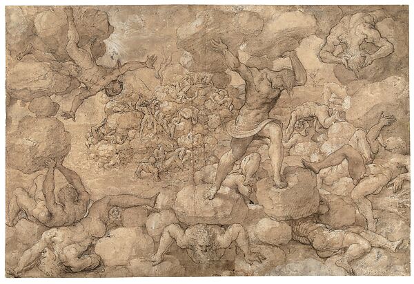 Fall Of The Giants drawing, Pieter Coecke van Aelst (Netherlandish, Aelst 1502–1550 Brussels), Pen in brown ink, Netherlandish, Brussels 
