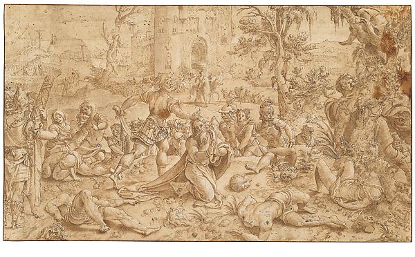 The Story of Saint Paul: Martyrdom of Paul drawing, Pieter Coecke van Aelst (Netherlandish, Aelst 1502–1550 Brussels), Pen and brown ink, brush and grey-brown ink, white gouache, on light brown prepared paper, Netherlandish, Brussels 