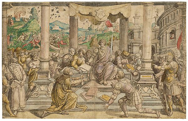 Romulus giving the law to the Roman People drawing, Bernard van Orley (Netherlandish, Brussels ca. 1492–1541/42 Brussels), Pen and brown ink, watercolor, Netherlandish, Brussels 