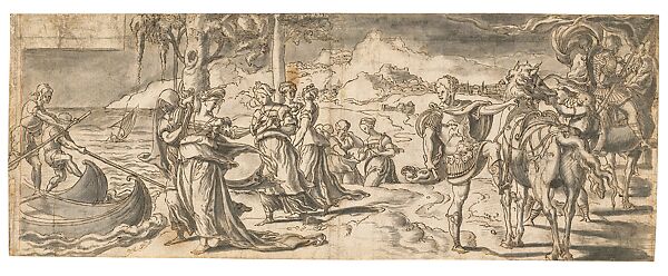 Scene from the Story of Julius Caesar drawing, Circle of Pieter Coecke van Aelst, Pen and brown ink, grey wash, Netherlandish, Brussels 