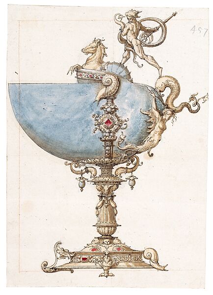 Design for a nautilus cup with Neptune riding a Hippocampus, Pieter Coecke van Aelst (Netherlandish, Aelst 1502–1550 Brussels), Pen and black-brown ink, watercolour, over charcoal or black chalk, red chalk, Netherlandish, Brussels 