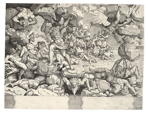 Fall Of Giants print, Cornelis Bos (Netherlandish, Hertogenbosch ca. 1510?–before 1556 Groningen), engraving; ink on paper; by the workshop of Cornelis Bos after drawing Pieter Coecke van Aelst Coecke; this impression is the second state of two, Netherlandish, Brussels 