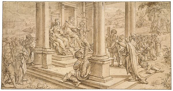 Paul Before Agrippa drawing, Pieter Coecke van Aelst (Netherlandish, Aelst 1502–1550 Brussels), Pen and brown and brown-gray ink, brush and brown ink, heightened with white gouache., Netherlandish, Brussels 