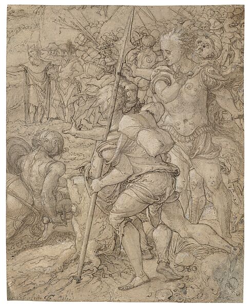 Crossing Of The Red Sea, Pieter Coecke van Aelst (Netherlandish, Aelst 1502–1550 Brussels), Pen and light and dark brown ink, brush and brown ink, white gouache, Netherlandish, Brussels 