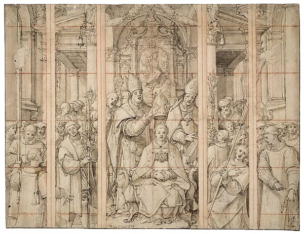 Design For A Window With The Consecration Of Saint Nicholas drawing, Pieter Coecke van Aelst (Netherlandish, Aelst 1502–1550 Brussels), Pen and brown ink, brush and brown ink, over black chalk or charcoal, and red chalk., Netherlandish, Brussels 
