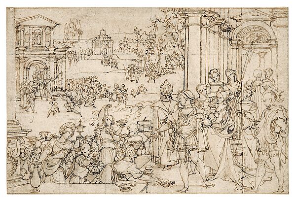 Gaius Fabricius Luscinus Refusing Gifts From Pyrrhus drawing, Pieter Coecke van Aelst (Netherlandish, Aelst 1502–1550 Brussels), Pen and two shades of brown ink, brown wash, squared in black chalk, over a sketch in black chalk, Netherlandish, Brussels 
