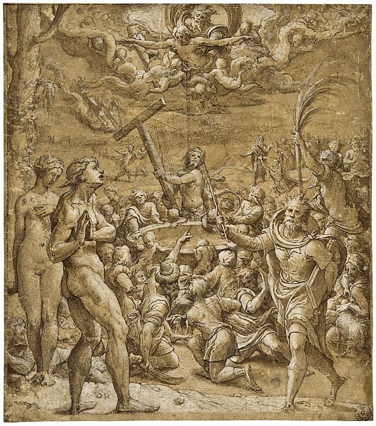 Christ As The Fountain Of Life drawing, Pieter Coecke van Aelst (Netherlandish, Aelst 1502–1550 Brussels), pen and black ink, brown wash, heightened with white gouache, on grey-brown prepared paper, Netherlandish. Brussels 