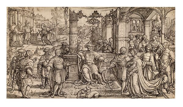 Saul Rewarding David With His Daughter Michal drawing, Pieter Coecke van Aelst (Netherlandish, Aelst 1502–1550 Brussels), Pen and brown ink, grey wash, Netherlandish, Brussels 