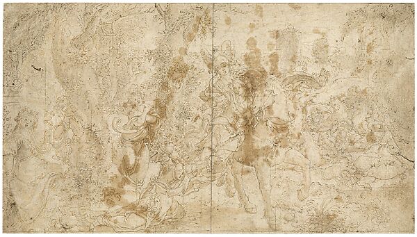 A horseman abducting a woman in a landscape, with a battle, Pieter Coecke van Aelst (Netherlandish, Aelst 1502–1550 Brussels), Pen and brown ink, brown wash; squared for transfer in black chalk, Netherlandish, Brussels 