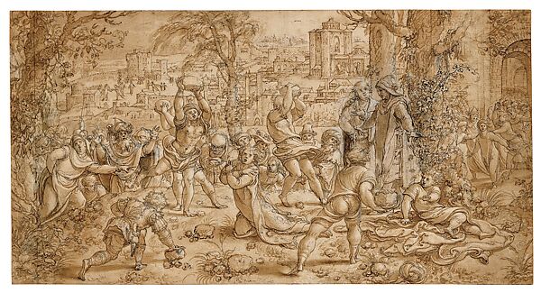 The Story of Saint Paul: The Stoning of Stephen drawing, Pieter Coecke van Aelst (Netherlandish, Aelst 1502–1550 Brussels), Pen in two hues of brown ink, brush and brown ink, heightened and corrected with white gouache, traces of black chalk, Netherlandish, Brussels 