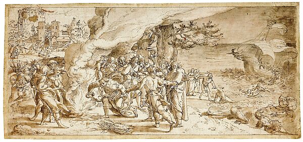 The Story of Saint Paul: Paul In Malta drawing, Pieter Coecke van Aelst (Netherlandish, Aelst 1502–1550 Brussels), Pen in brown, brown wash, Netherlandish, Brussels 