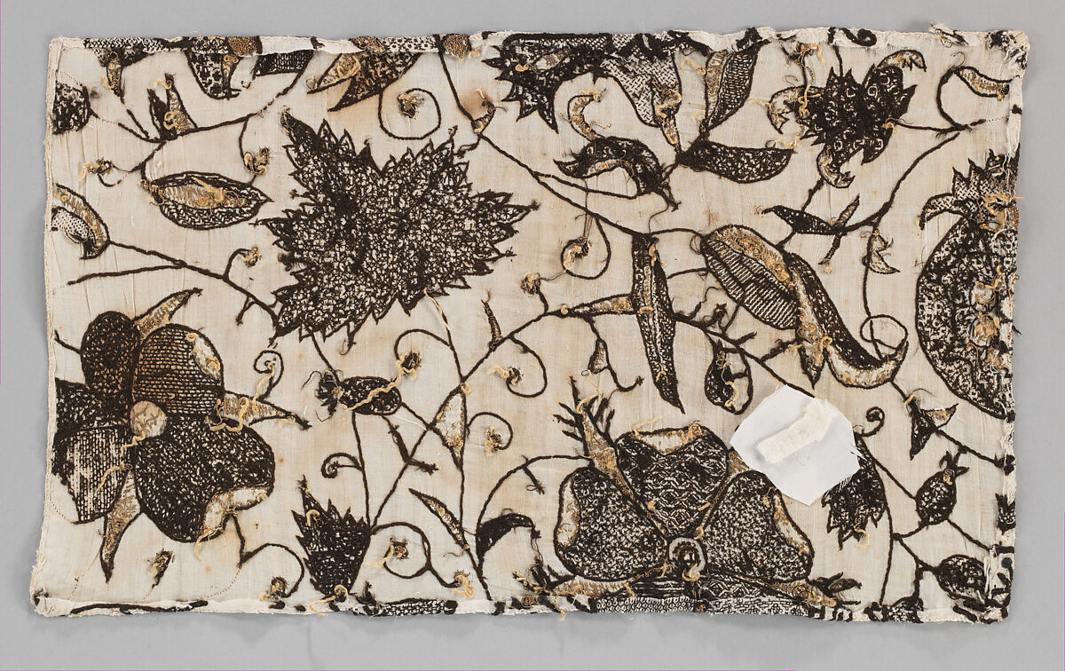 Blackwork Embroidery, Linen embroidered with silk and gilded silver precious metal-wrapped threads, British