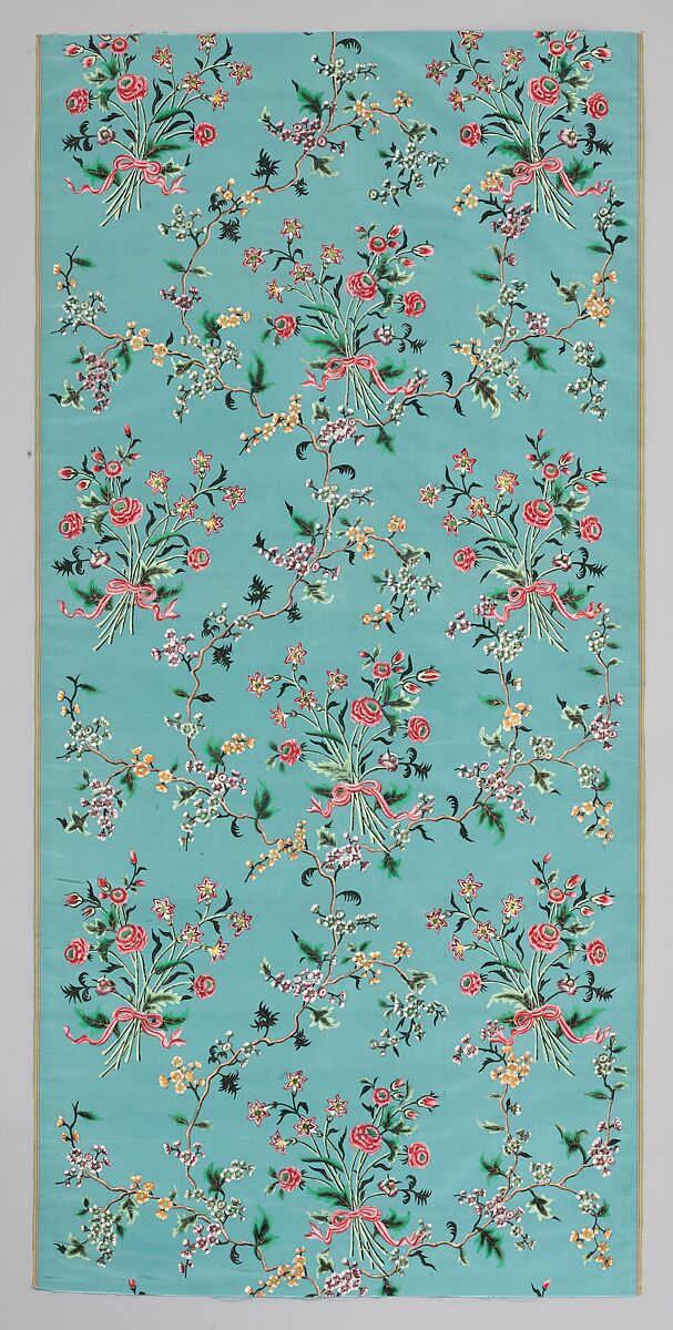 Length of painted silk, Woven silk taffeta, painted with pigments, gilt and silver, Chinese, possibly Canton 
