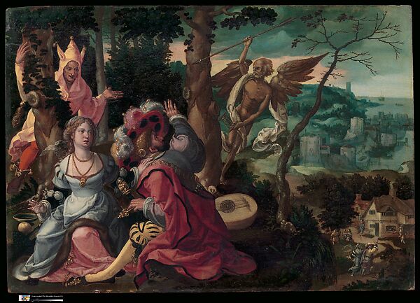 Lovers Surprised by a Fool and Death, Pieter Coecke van Aelst (Netherlandish, Aelst 1502–1550 Brussels), Oil on canvas, Netherlandish, Brussels 