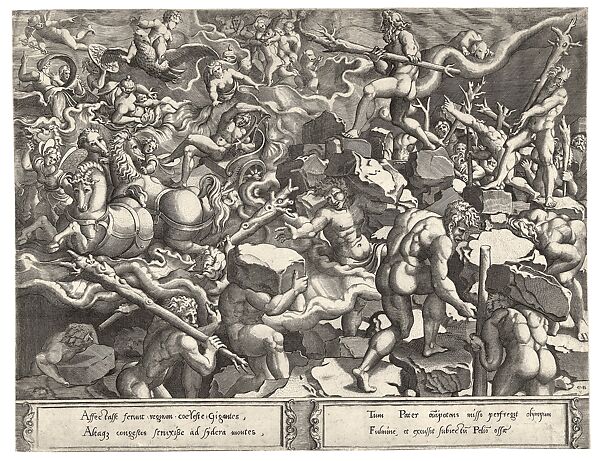 Revolt of the Giants print, Cornelis Bos (Netherlandish, Hertogenbosch ca. 1510?–before 1556 Groningen), Engraving, only known state, made by Cornelis Bos after drawing by Pieter Coecke van Aelst, Netherlandish, Brussels 