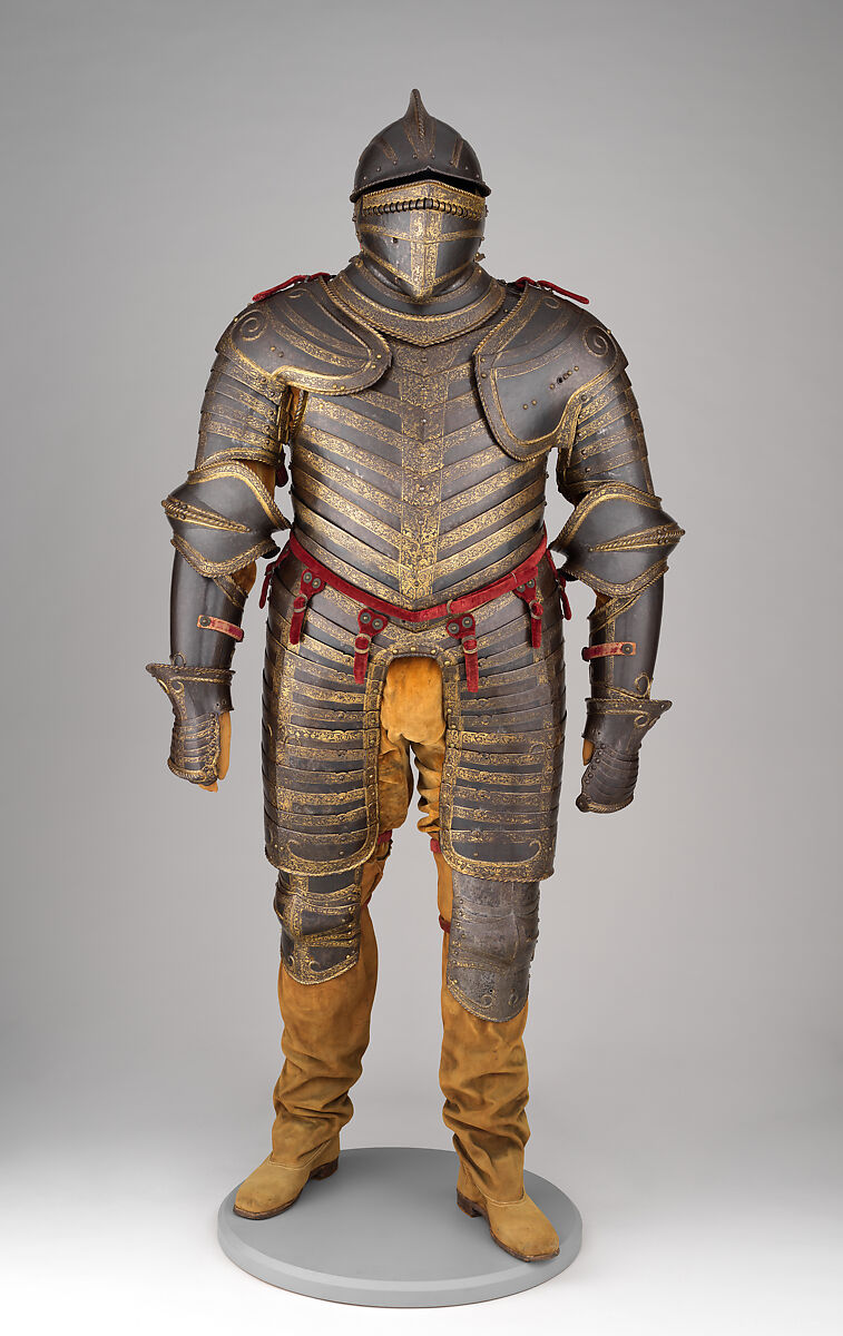 Field Armor of King Henry VIII 
of England (reigned 1509–47), Steel, gold, textile, 
leather, Italian, Milan or Brescia