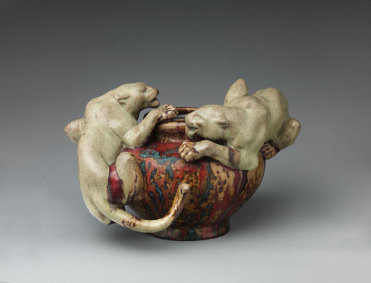 Bowl with two panthers, Pierre-Adrien Dalpayrat (French, Limoges 1844–1910 Limoges), Stoneware, French, Bourg-la-Reine 