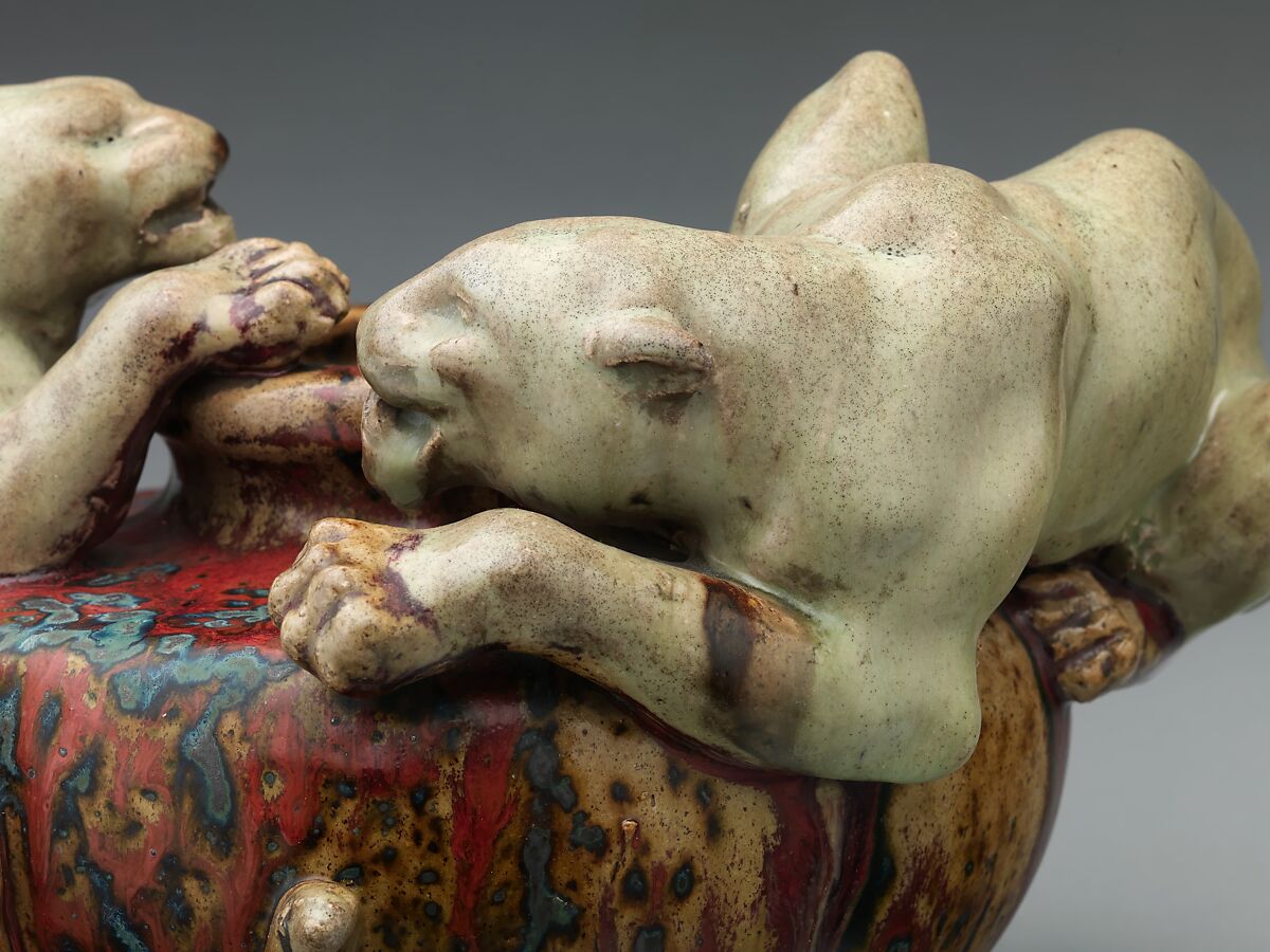 Bowl with two panthers, Pierre-Adrien Dalpayrat (French, Limoges 1844–1910 Limoges), Stoneware, French, Bourg-la-Reine