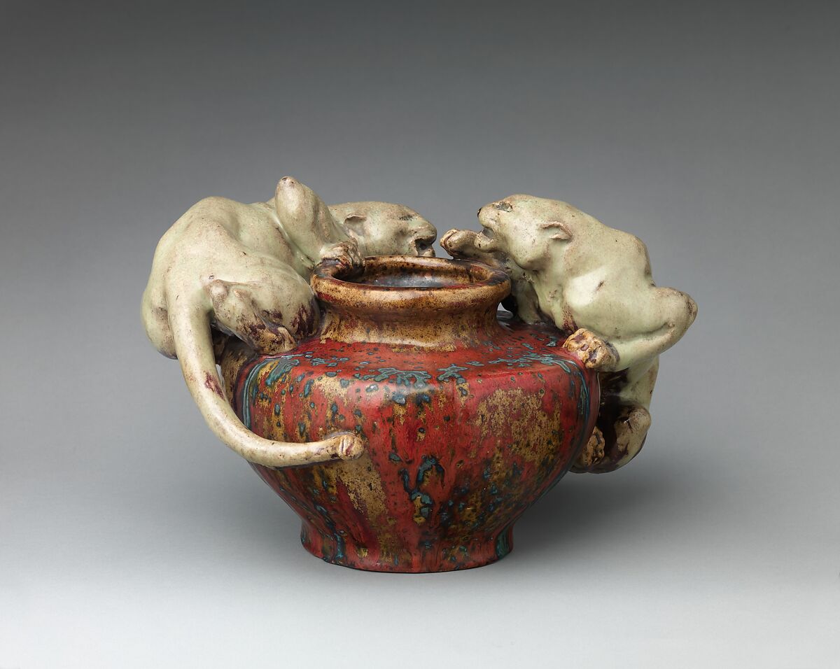 Bowl with two panthers, Pierre-Adrien Dalpayrat (French, Limoges 1844–1910 Limoges), Stoneware, French, Bourg-la-Reine