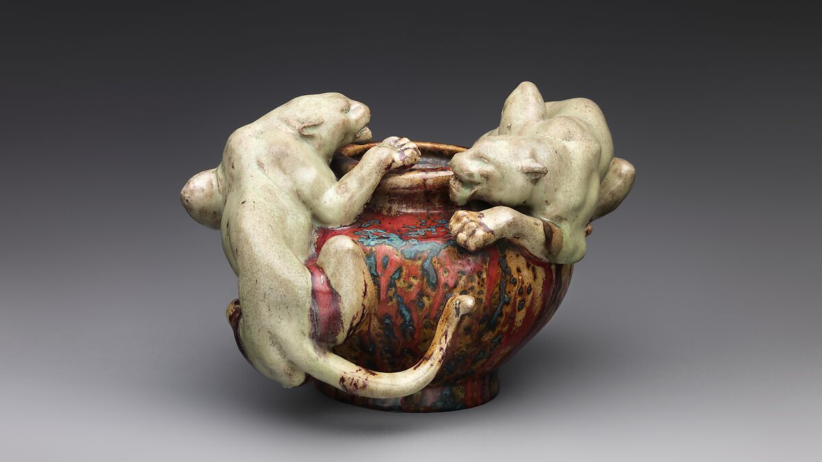 Bowl with two panthers, Pierre-Adrien Dalpayrat (French, Limoges 1844–1910 Limoges), Stoneware, French, Bourg-la-Reine